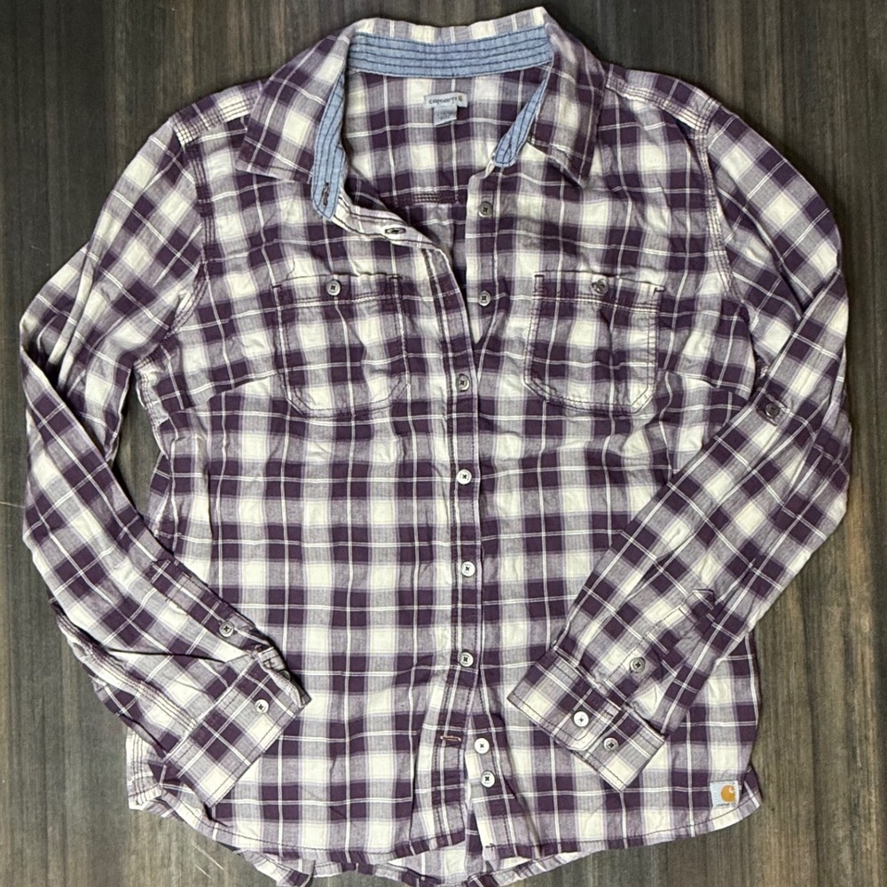 Carhartt Womens Plaid Button Down Shirt Purple White Beige Size L‎ Long Sleeve